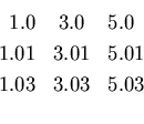 \begin{eqnarray*}
1.0&3.0&5.0\\
1.01&3.01&5.01\\
1.03&3.03&5.03\\
\end{eqnarray*}